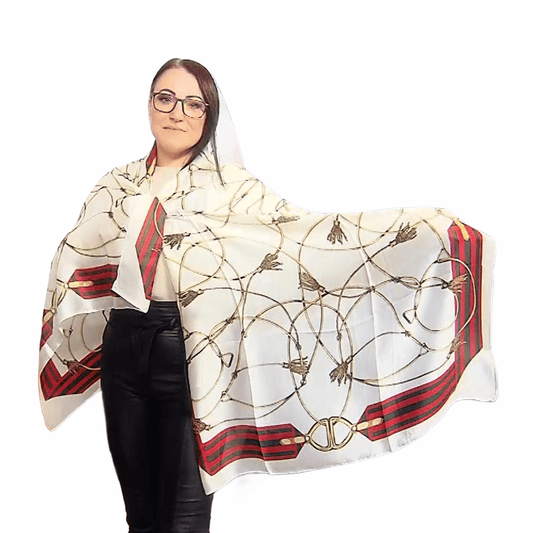 Eșarfă-Șal din Mătase 100% Autentică, 90 cm x 180 cm, Crem cu Model Lanț Auriu - Galeria de Bijuterii