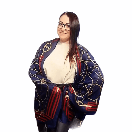 Eșarfă-Șal din Mătase 100% Autentică, 90 cm x 180 cm, Albastru Închis cu Model Lanț Auriu - Galeria de Bijuterii