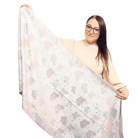 Eșarfă-Șal 100% Cașmir Pashmina Autentic, 70 cm x 170 cm, Alb Lucios cu Model Fluture - Galeria de Bijuterii