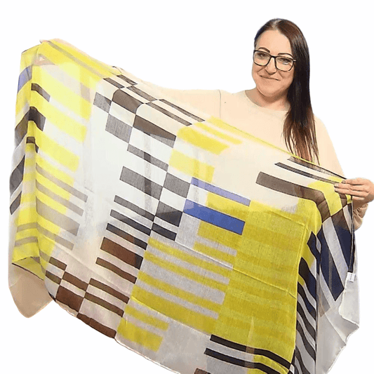 Eșarfă-Șal, 80 cm x 180 cm, Galbenă-Neagră cu Model Abstract Dreptunghiular - Galeria de Bijuterii