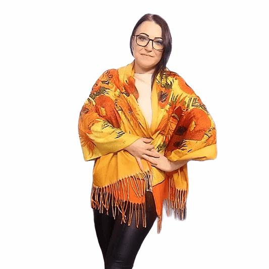 Eșarfă-Șal din Lână, 70 cm x 180 cm, Model Pictură Van Gogh - Sunflowers - Galeria de Bijuterii