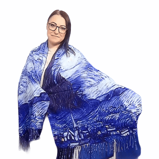 Eșarfă-Șal din Lână, 70 cm x 180 cm, Model Pictură Van Gogh - Starry Night - Galeria de Bijuterii