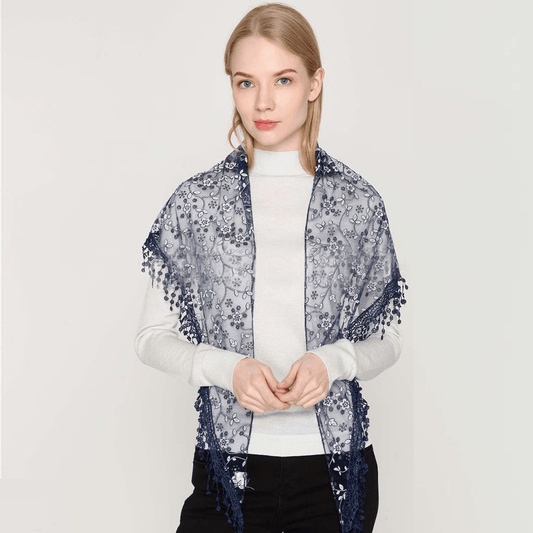 Eșarfă-Șal Triunghiulară 45 cm x 45 cm x 170 cm cu Model Floral Lucios, Albastru Navy - Galeria de Bijuterii